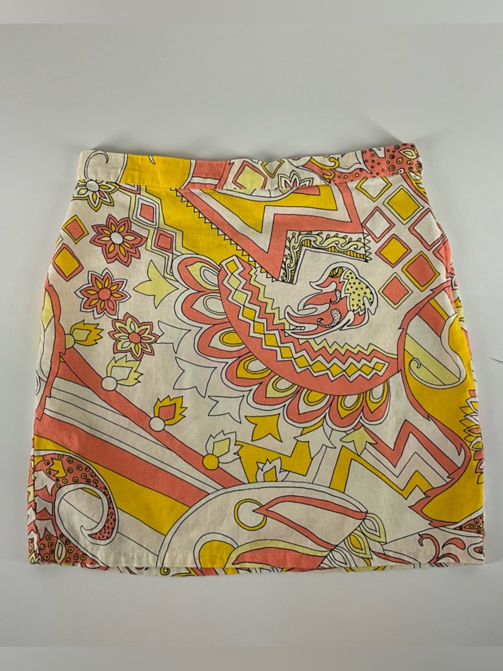 ModCloth Retro Geometric Print Linen Blend‎ Unlined Skirt Yellow Coral SZ 12